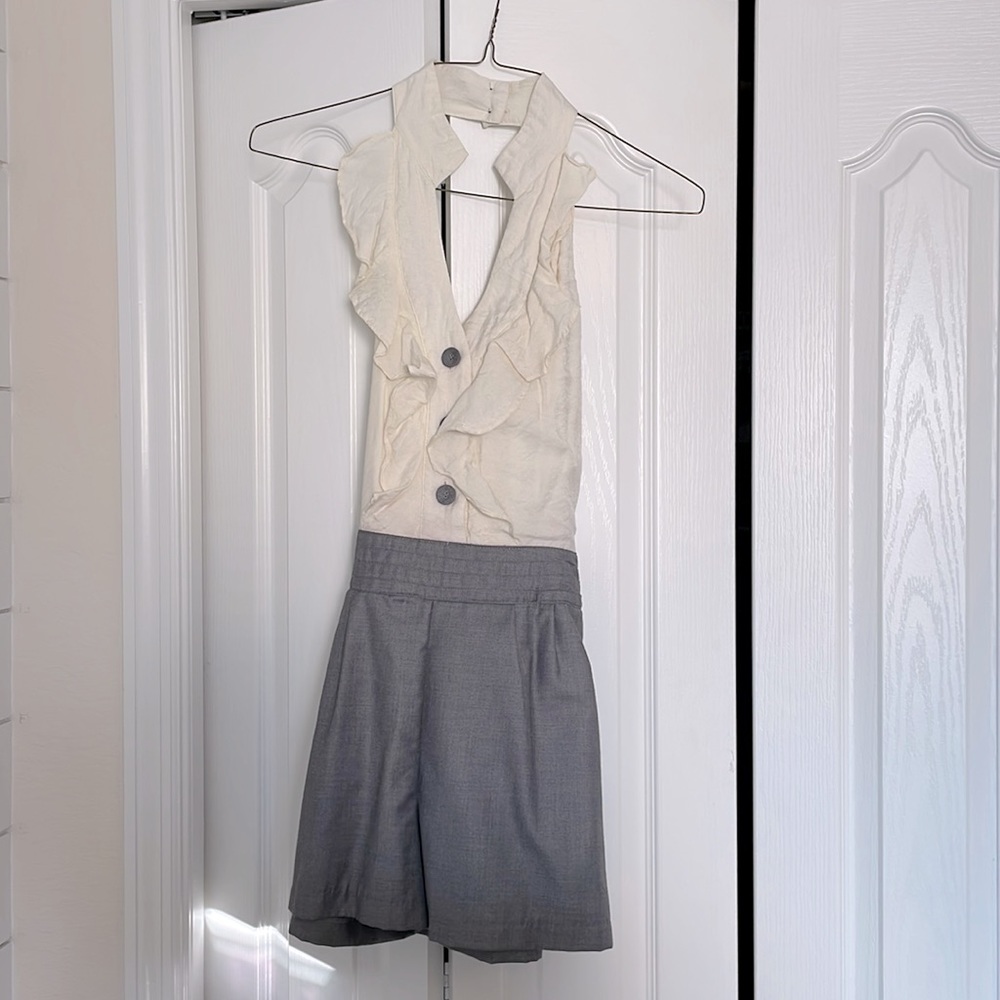 Cream/Grey Half Button romper (Size Medium)